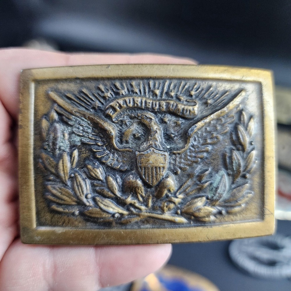 Vintage Gemsco Brass Military Belt Buckle E PLURIBUS UNUM Eagle Crest 3x2